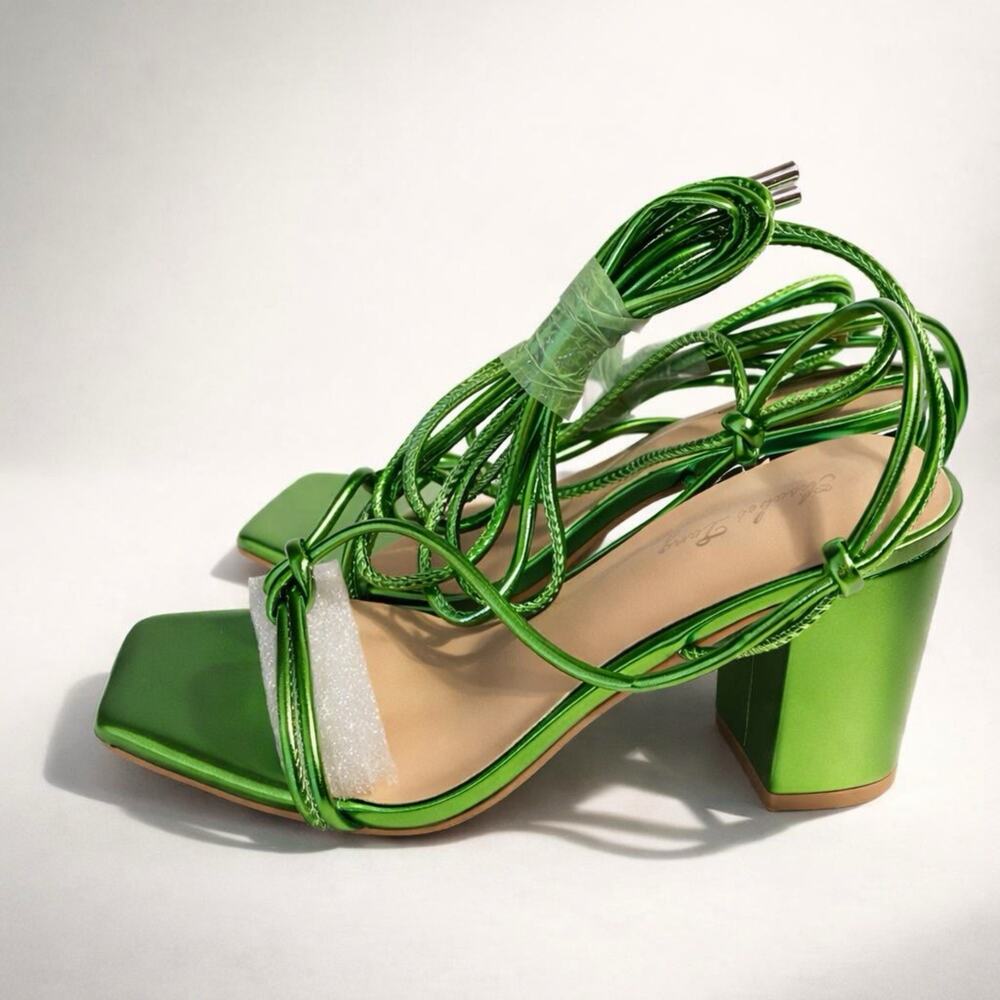 New Elisabet Tang Women 7 Ankle Strap Dressy 4” High Heels Sandals Green Metal